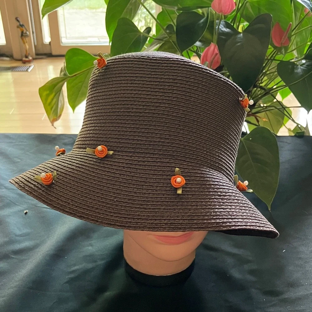 Stylish Brown Hat with Orange Floral Accents - Picture 2 of 4